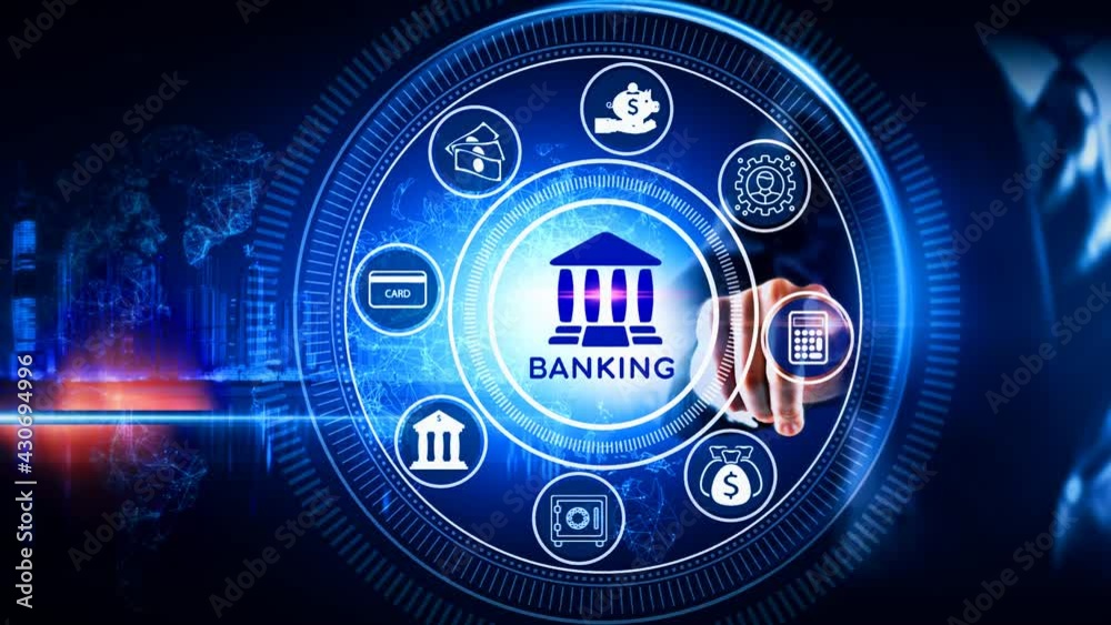 Banking Icon Concept Rotating wheel with icon surrounded by city Center and spoke Concept Banking Icon Concept Rotating wheel with icon surrounded by city Center and spoke Concept