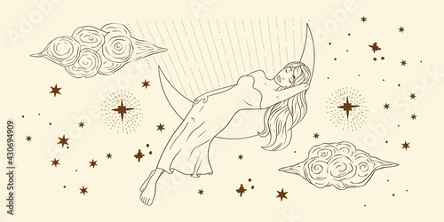 Astrology sleeping woman celestial sacred boho lady line art. Sky cloud and star card.