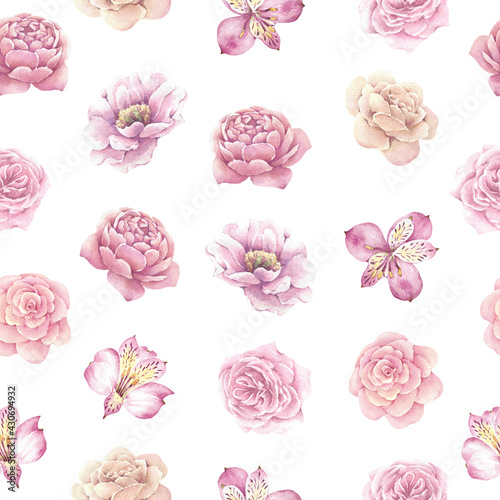 Beautiful watercolor seamless pattern with flowers on a white background.