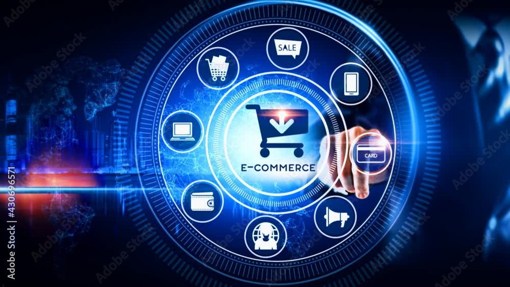 E-commerce Icon Concept Rotating wheel with icon surrounded by city Center and spoke Concept E-commerce Icon Concept Rotating wheel with icon surrounded by city Center and spoke Concept