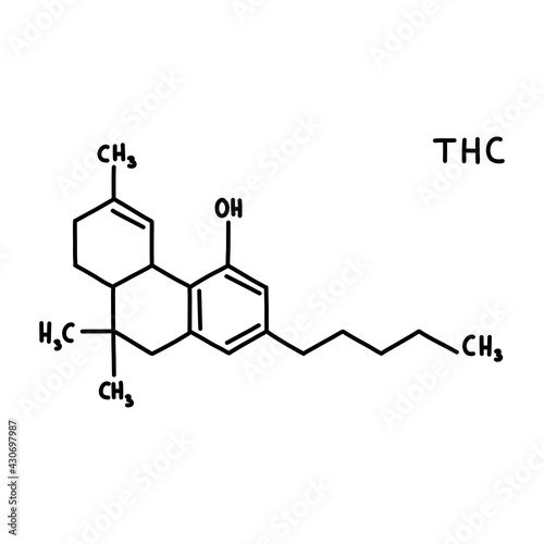 thc chemical formula doodle icon, vector color illustration