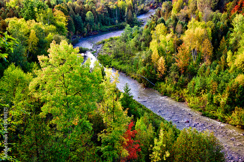 Aerial view of the river valley in autumn.
