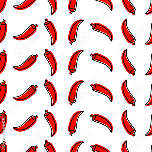 Chilli red hot pepper icon seamless pattern. Spicy food mexican cuisine line label symbols in rows. Trendy silhouette sign design template. Graphic pictogram. Outline logo vector illustration