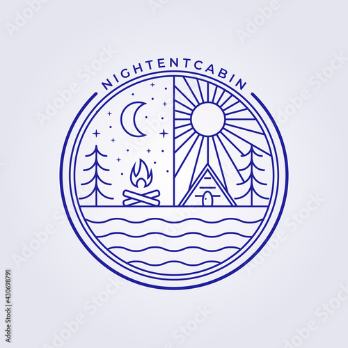 line night tent cabin cottage logo vector icon symbol illustration design , badge emblem simple cozy wooden forest house home barn