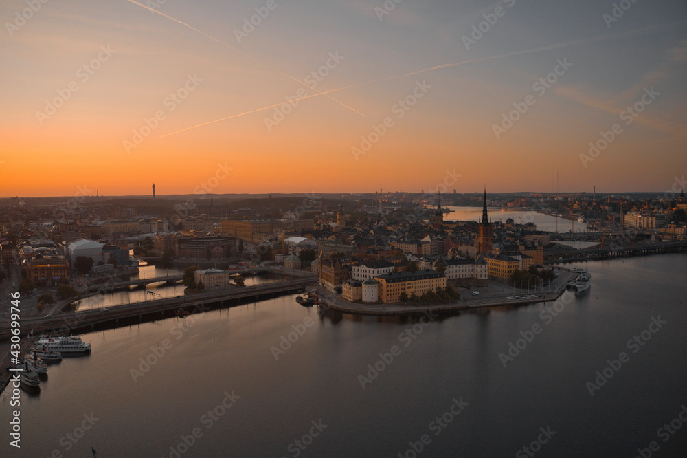 Stockholm, SWEDEN - June 21, 2019.Aerial view over Stockholm skyline in sunrise. High quality photo