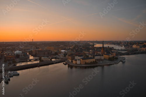 Stockholm, SWEDEN - June 21, 2019.Aerial view over Stockholm skyline in sunrise. High quality photo © Micke