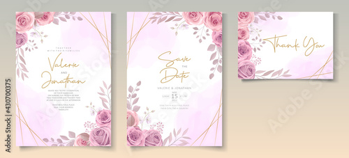 Set of beautiful wedding invitation template with hand drawn pink roses flower ornament