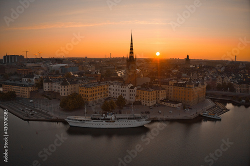 Stockholm  SWEDEN - June 21  2019.Aerial view over Stockholm skyline in sunrise. High quality photo