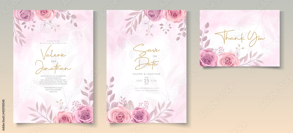 Set of beautiful wedding invitation template with hand drawn pink roses flower ornament Set of beautiful wedding invitation template with hand drawn pink roses flower ornament