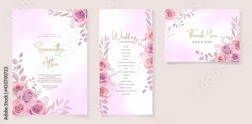 Set of beautiful wedding invitation template with hand drawn pink roses flower ornament