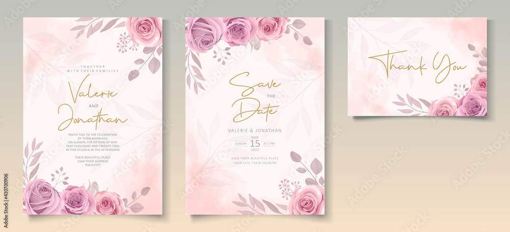 Set of beautiful wedding invitation template with hand drawn pink roses flower ornament