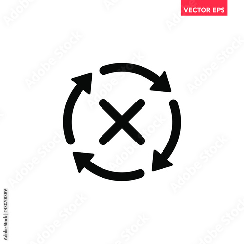 Black round check sync disapproved icon, simple cycle rotating arrows syncing flat design pictogram vector for app logo ads web webpage button ui ux interface elements isolated on white background