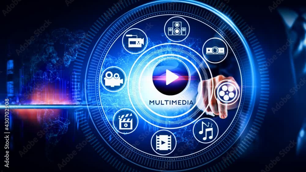 Multimedia Icon Concept Rotating wheel with icon surrounded by city Center and spoke Concept Multimedia Icon Concept Rotating wheel with icon surrounded by city Center and spoke Concept