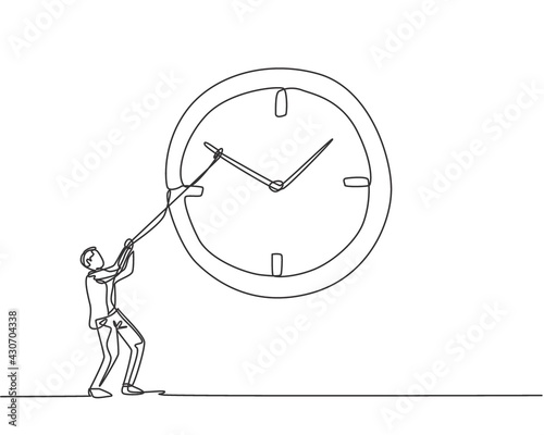 Continuous one line drawing young male worker pulling clockwise of big analog wall clock with rope. Time management business minimalist concept. Single line draw design vector graphic illustration