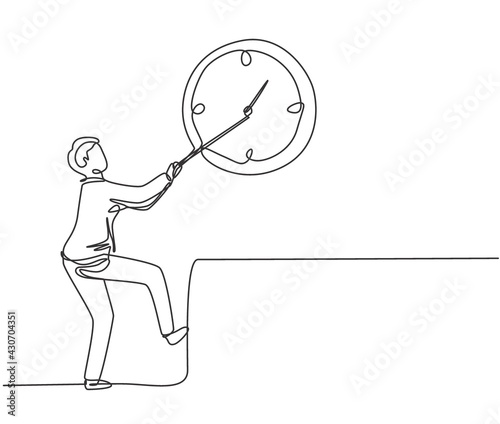 Continuous one line drawing young male worker pulling clockwise big analog clock on the wall. Time management business minimalist concept. Single line draw design vector graphic illustration