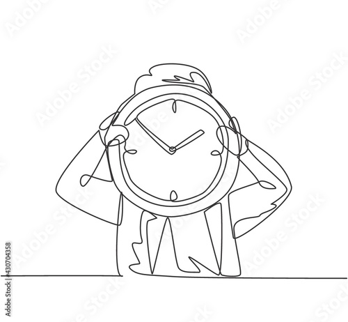 Single continuous line drawing young business man holding giant analog clock in front his head. Minimalism metaphor business deadline concept. Dynamic one line draw graphic design vector illustration