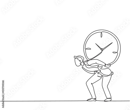 Single one line drawing of young business man shouldered heavy big analog clock with his back. Business time discipline metaphor concept. Modern continuous line draw design graphic vector illustration