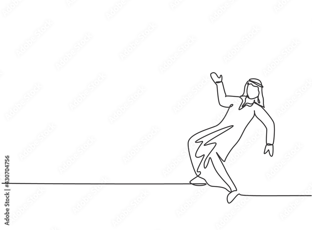 Single one line drawing of young Arabian business man dancing on the street. Happy with his business challenge minimal metaphor concept. Modern continuous line draw design graphic vector illustration Single one line drawing of young Arabian business man dancing on the street. Happy with his business challenge minimal metaphor concept. Modern continuous line draw design graphic vector illustration