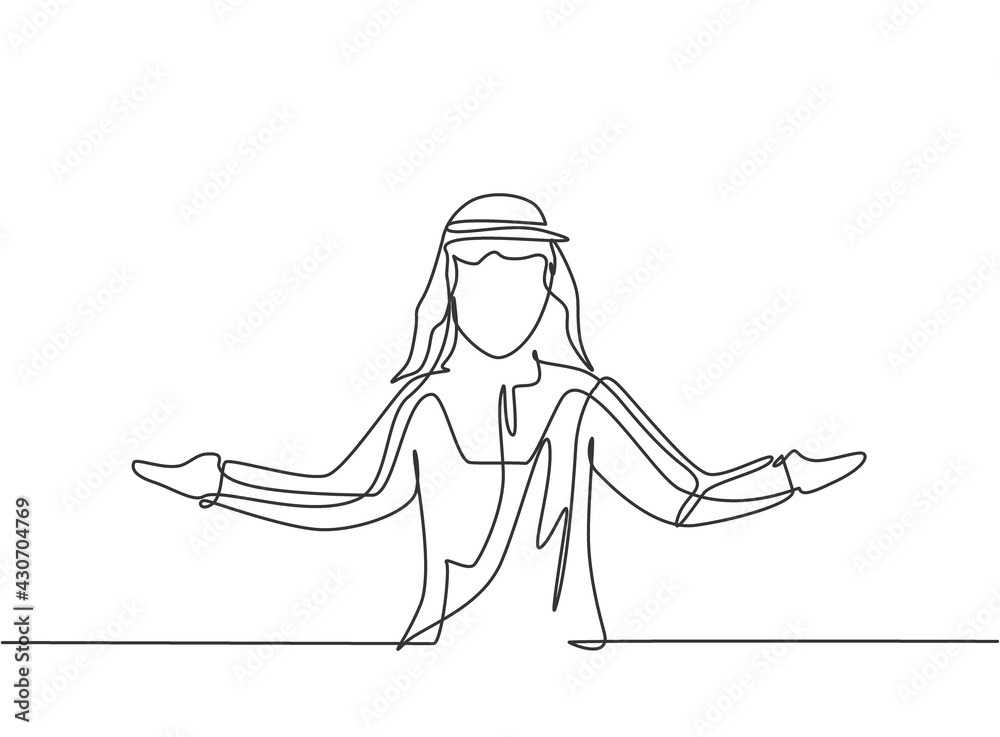 Continuous one line drawing young Arab male worker stretched out his ...