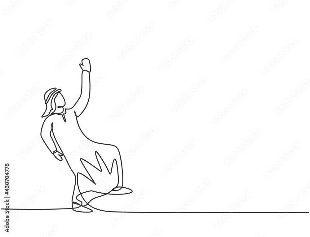 Single one line drawing of young Arabian business man swinging on the sky to reach up his goals. Business challenge minimal metaphor concept. Continuous line draw design graphic vector illustration. Single one line drawing of young Arabian business man swinging on the sky to reach up his goals. Business challenge minimal metaphor concept. Continuous line draw design graphic vector illustration.