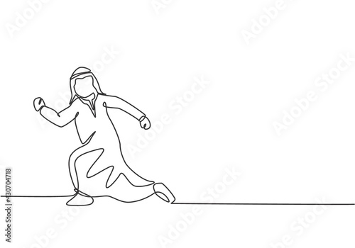 Single one line drawing of young Arabian business man running chased by work deadline. Business time discipline urgency metaphor concept. Modern continuous line draw design graphic vector illustration