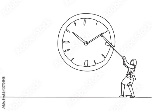Single one line drawing of young business woman pulling clockwise of big analog wall clock with rope. Time management minimalist concept. Continuous line draw design graphic vector illustration.
