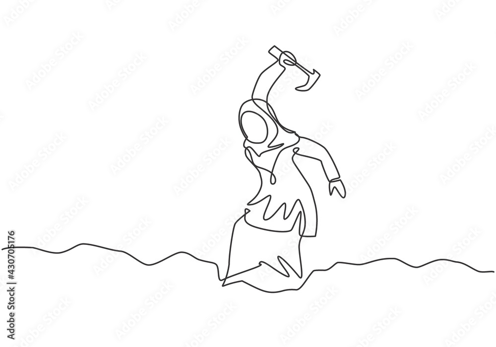 Continuous one line drawing young Arab female worker digging treasure on the street with hammer. Getting a new business idea minimalist concept. Single line draw design vector graphic illustration.