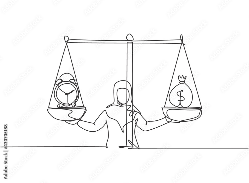 Single one line drawing of young Arabian business woman weight money ...
