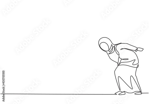 Single one line drawing of young Arabian business woman bent over because work overload. Business time discipline metaphor concept. Modern continuous line draw design graphic vector illustration.