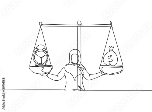 Single one line drawing of young Arabian business woman weight money bag and analog clock with scale. Minimalism metaphor business concept. Continuous line draw design graphic vector illustration.