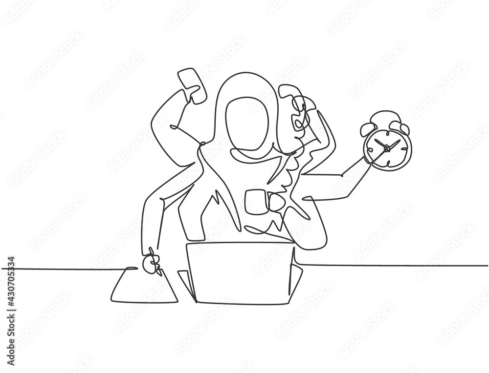 Continuous one line drawing young Arab female worker with holding telephone, alarm clock, paper. Business time discipline metaphor concept. Single line draw design vector graphic illustration. Continuous one line drawing young Arab female worker with holding telephone, alarm clock, paper. Business time discipline metaphor concept. Single line draw design vector graphic illustration.