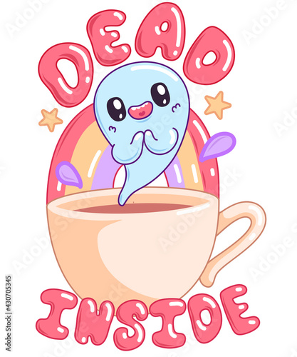 Dead inside - kawaii ghost inside a cup of coffee, Sarcastic t-shirt sublimation about depression and anxiety. With rainbow and cute cartoon stars. 