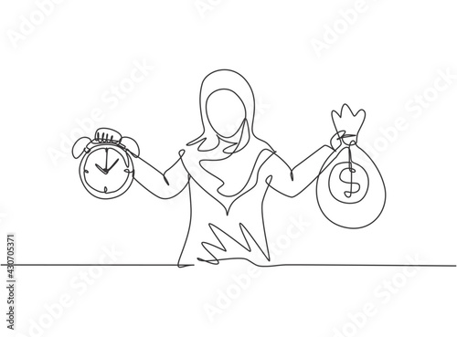 Continuous one line drawing young Arab female worker holding money bag and alarm clock with her hands. Minimalism metaphor business concept. Single line draw design vector graphic illustration.