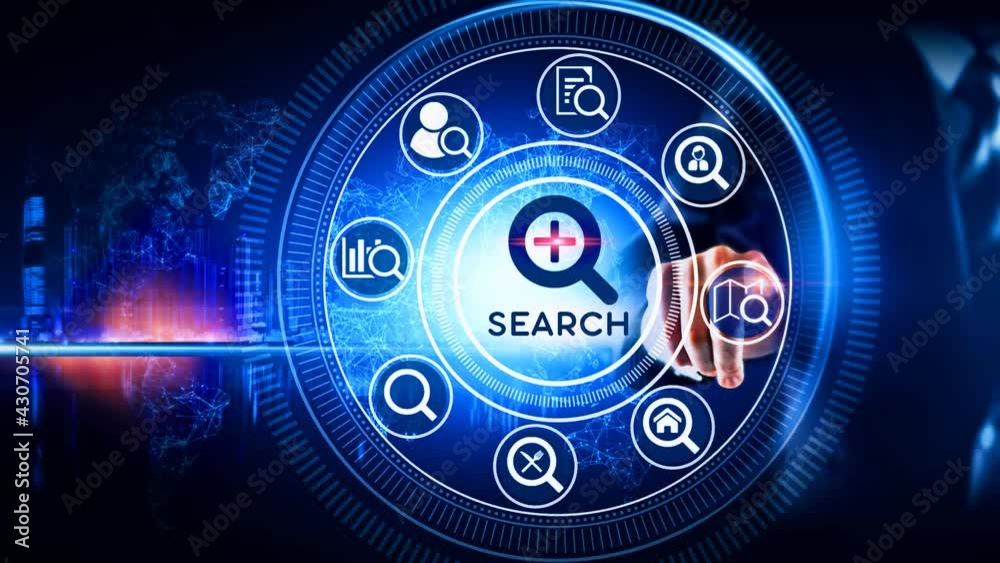 Search Icon Concept Rotating wheel with icon surrounded by city Center and spoke Concept