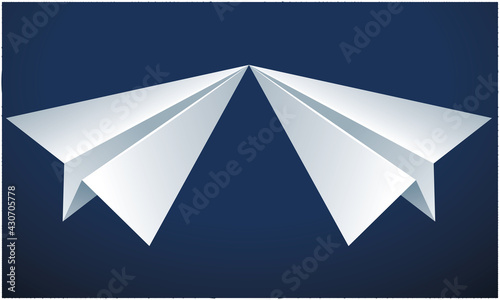 two paper plane touching nose on abstract blue background