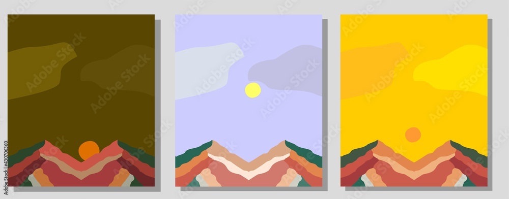 Set of minimal posters with abstract organic shapes composition in trendy contemporary collage style  with decorative mountain and season For postcard, poster, poster, brochure, cover design