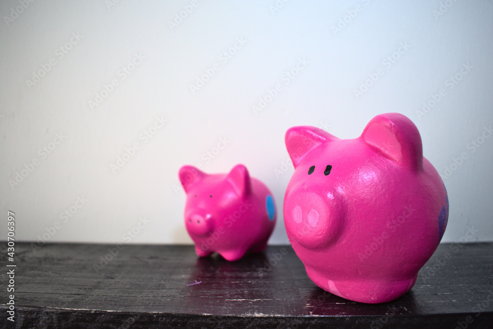 Two hand-painted piggy banks on a shelf