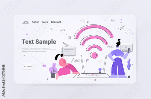 businesswomen using digital gadgets people surfing internet free wifi public access zone hotspot concept