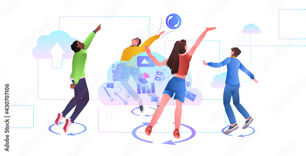 mix race people having fun online social media network cloud syncing data synchronization mix race people having fun online social media network cloud syncing data synchronization