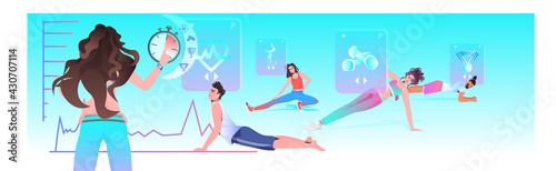 young people doing sport exercises with female fitness trainer online cardio training workout concept