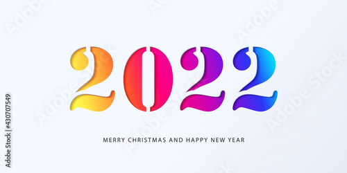 Happy New Year 2022 banner in paper cut style for seasonal holidays flyers, greetings and invitations, christmas themed congratulations and cards. Design for social media, promotion and sale. Vector