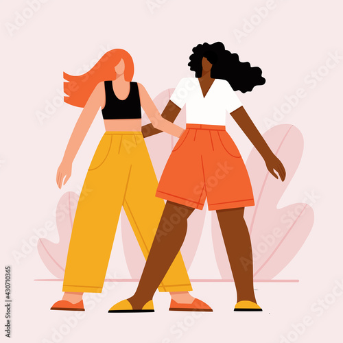 Two diverse young women standing together. Woman solidarity and power concept. Hand drawn girls characters colorful vector illustration.