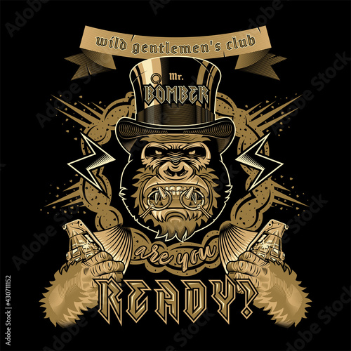 Gorilla with grenades and lettering. Emblem for print and web. Monochrome vector illustration.