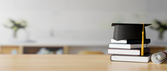 Graduation concept, 3D rendering, graduation cap on stack of books on the table with copy space and blurred background