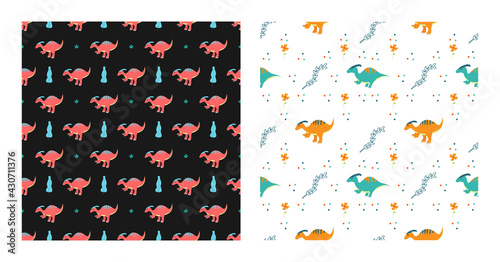 Cute Cartoon Characters Parasaurolophus Dinosaurs With Seamless Pattern To Wallpaper Background, Posters, or Banner Template. Vector Illustration