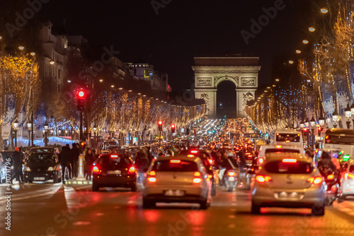 Paris, France - Dec 2015: Busy street at Champs Élysées, Paris. photo