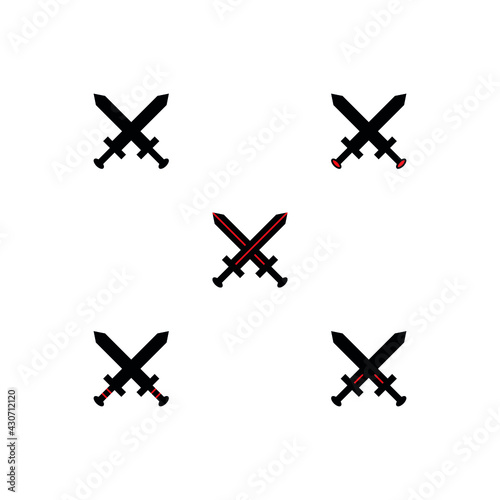 Abstract graphic illustration of five pairs of crossed swords with oval pommel and wide blade