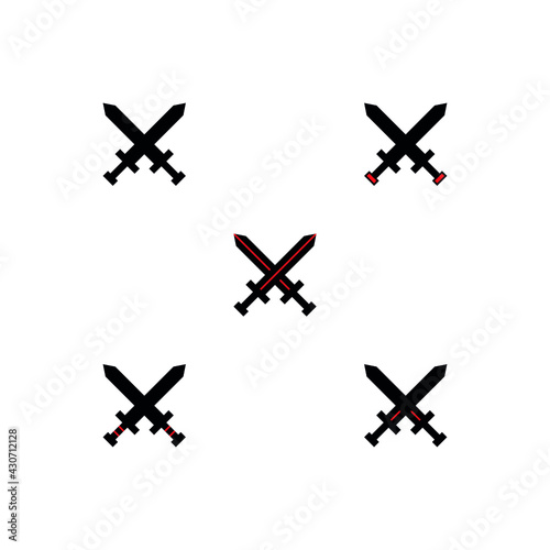 Abstract graphic illustration of five pairs of crossed swords with rectangular pommel and wide blade