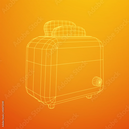 Toaster with two fried pieces of loaf prepared for a breakfast. Wireframe low poly mesh vector illustration.