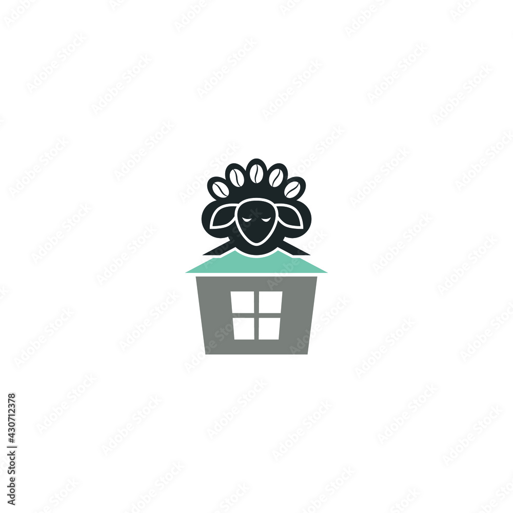 Abstract graphic illustration of a sheep with wool in the form of coffee beans sitting on the roof of a house Abstract graphic illustration of a sheep with wool in the form of coffee beans sitting on the roof of a house